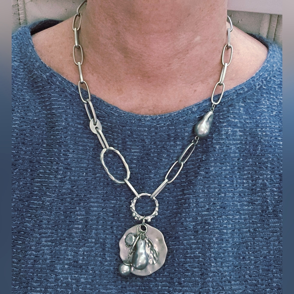 Artisan Silvertone Assymetrical Paperclip Links Statement Necklace with Charms
